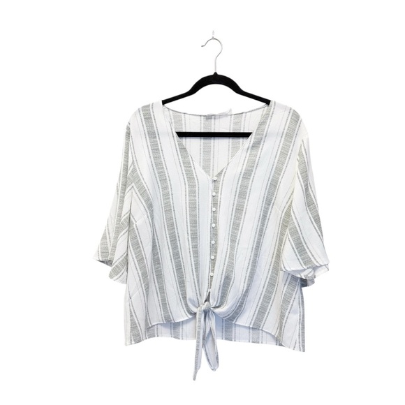 Lush Ivory & Olive Striped V-Neck Button Front Tie Blouse – Women’s XL - Picture 2 of 4